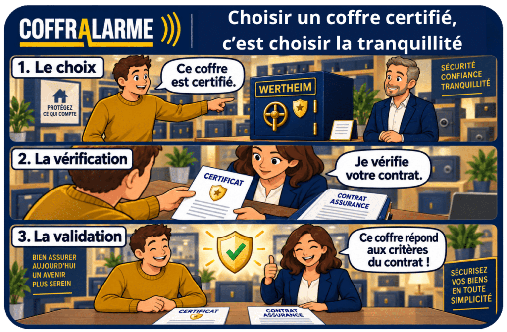 Guide pour choisir un coffre-fort certifié : vérification de la norme A2P d’un coffre-fort Wertheim auprès de l’assurance.